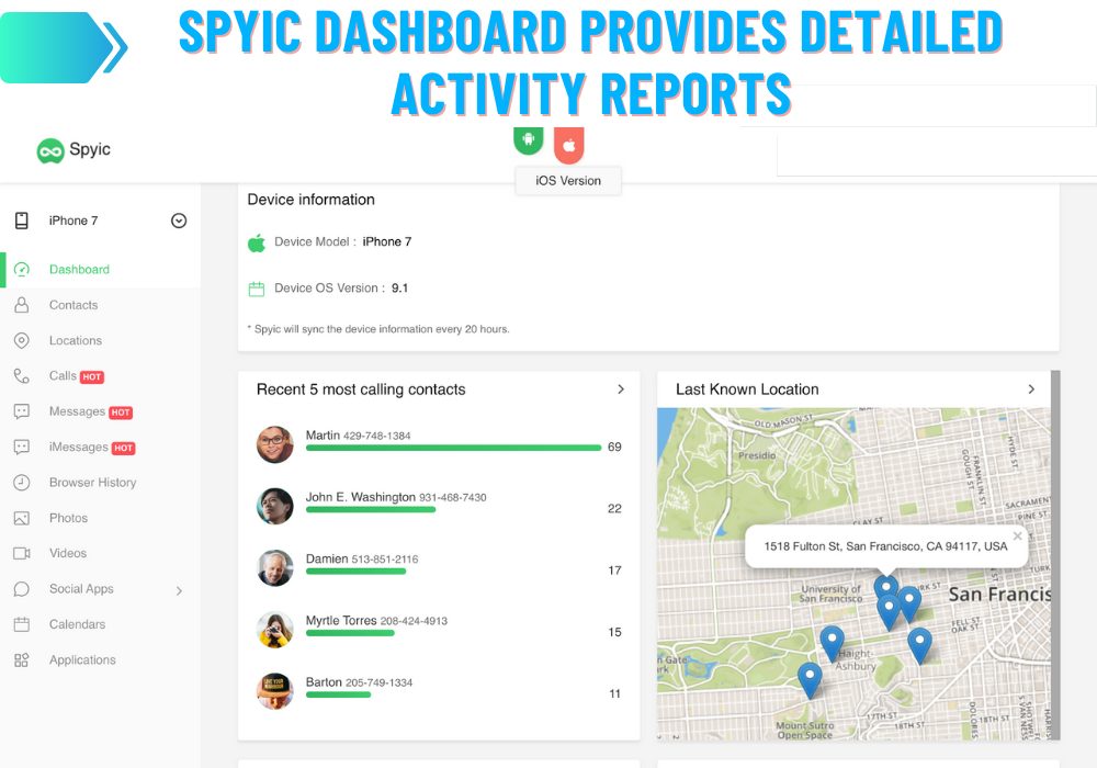 Spyic dashboard biedt gedetailleerde activiteitenrapporten