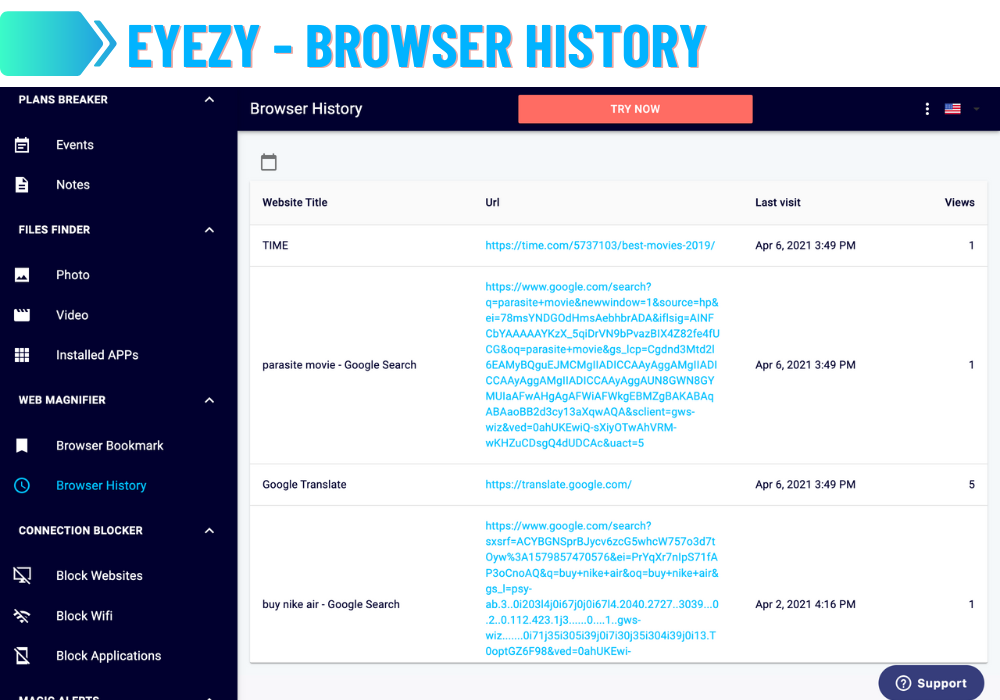 eyezy - Histórico do navegador