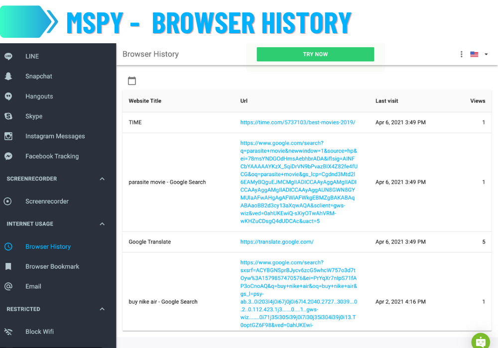 mSpy - Historia przeglądarki