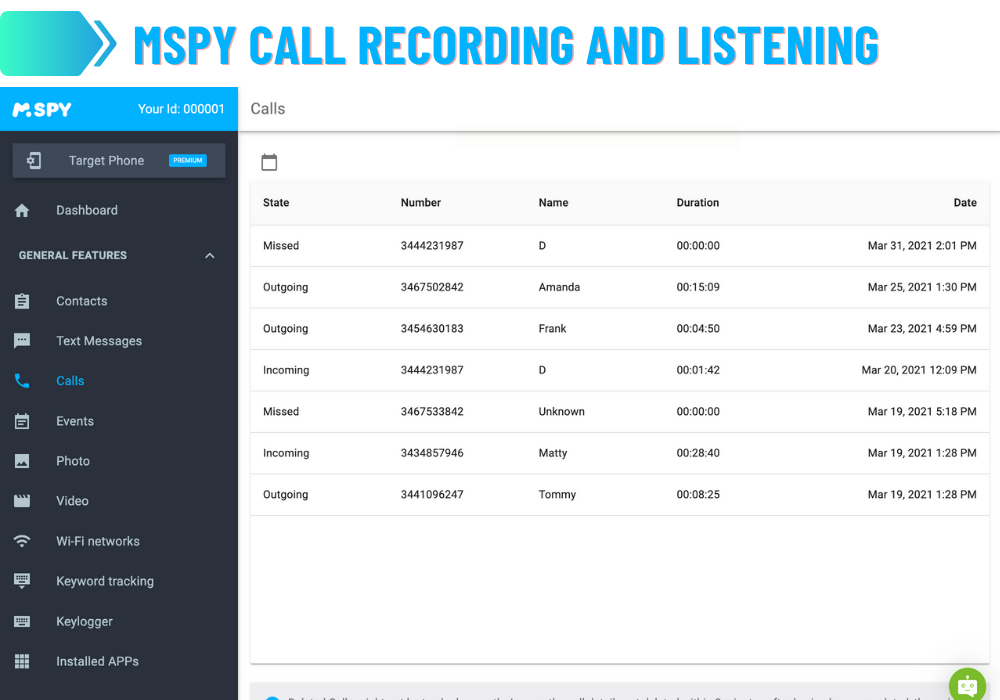 mSpy call recording and listening