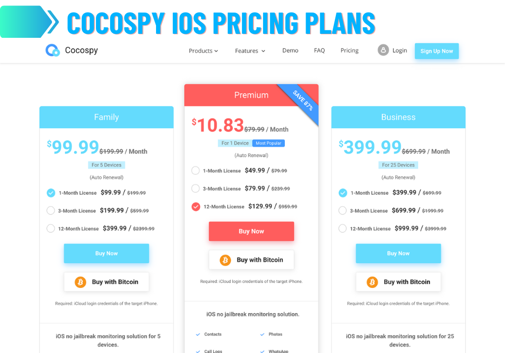 Planos de preços do Cocospy iOS