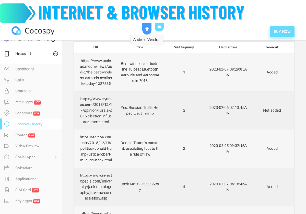 Cocospy Internet e historial del navegador