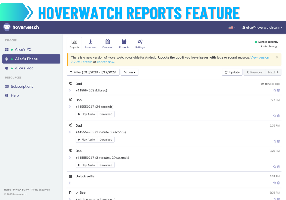 Recursos do Hoverwatch - Relatórios