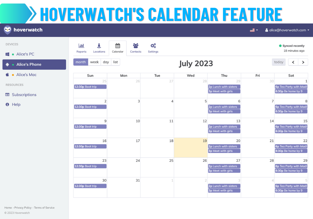 Fonctionnalité calendrier de Hoverwatch