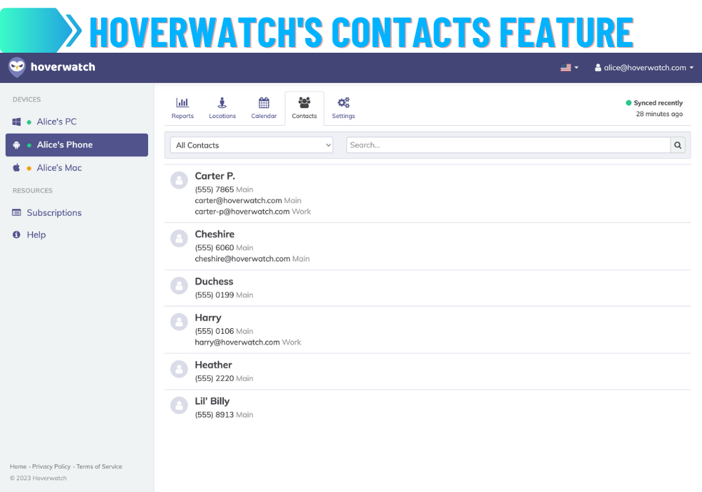 Recurso de contatos do Hoverwatch