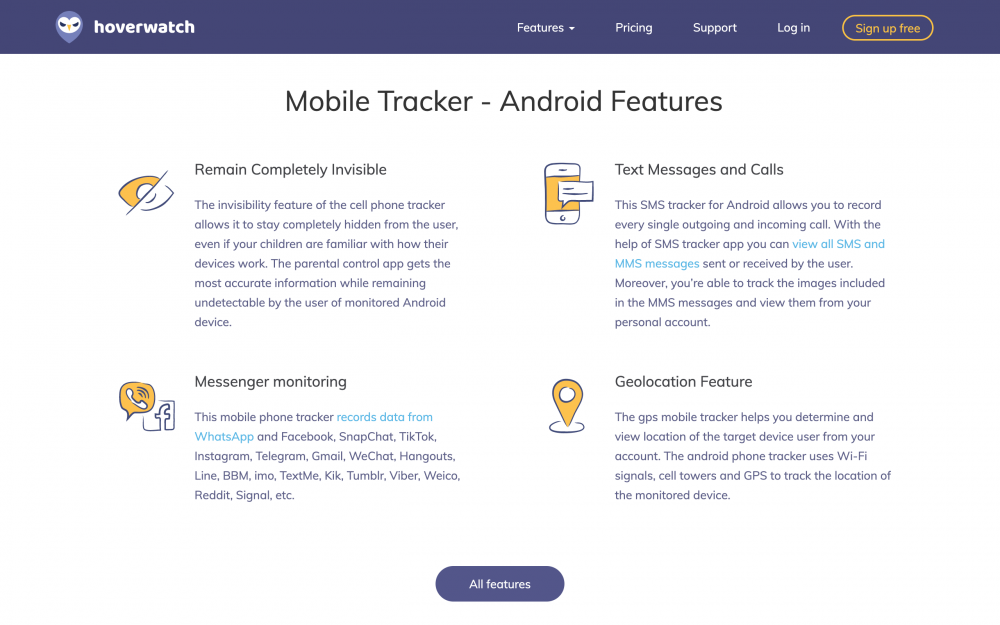 Howervatch Mobile Tracker - Android Features