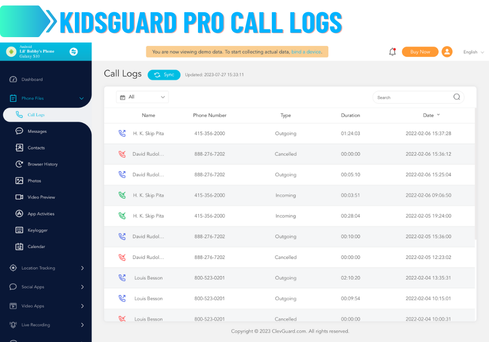 KidsGuard PRO Call Logs