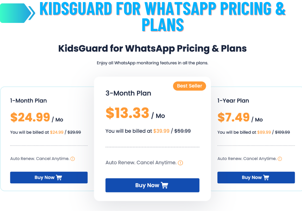 Planos de preços do KidsGuard para WhatsApp