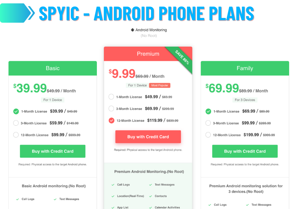 Spyic - Android Phone Plans
