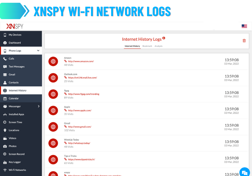 XNSPY Wi-Fi Network Logs